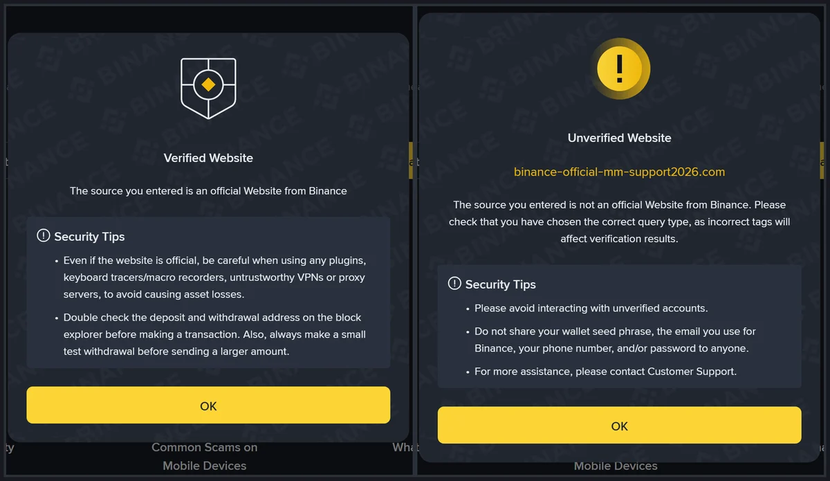 Binance Verify ရလဒ် နှစ်မျိုး နှိုင်းယှဉ်ချက် — ဘယ်ဘက်မှာ ဒိုင်းပုံနှင့် Verified Website၊ ညာဘက်မှာ အာမေဍိတ်အမှတ်နှင့် Unverified Website ဟု ပြသထားသည်