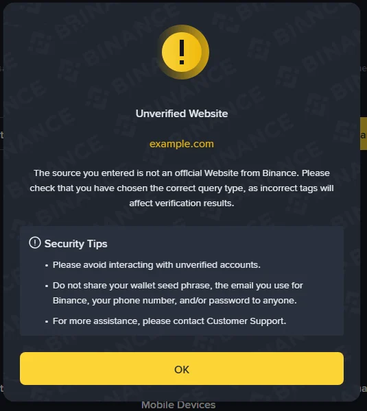 Mhinduro yeBinance Verify inoti "Unverified Website" pakutsvagwa kwe example.com, pamwe nechiziviso chekuti rudzi rwekutsvaga rusiriro runokanganisa mhinduro
