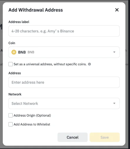 Binance 官方 FAQ 中的「Add Withdrawal Address」新增提領地址視窗截圖(英文介面),欄位依序為 Address label、Coin、設為通用地址的勾選框、Address、Network、Address Origin (Optional) 與 Add Address to Whitelist 勾選框,以及 Cancel 和 Save 按鈕