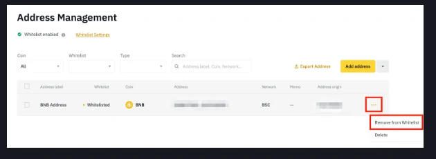 Peji ye Address Management paBinance ichiratidza kero iri mu whitelist uye meniyu yakavhurwa ine Remove from Whitelist ne Delete