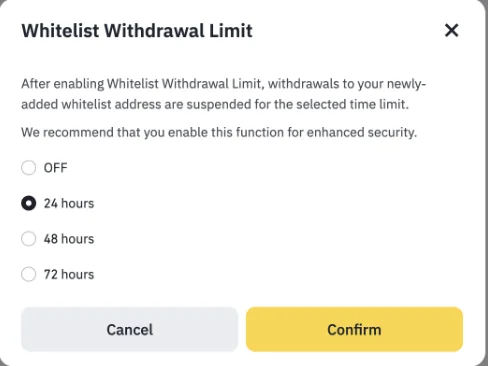 Binance 官方 FAQ 中的「Whitelist Withdrawal Limit」白名單提領限制期間設定視窗截圖(英文介面),說明啟用後新增白名單地址的提領會在所選期間內暫停,並建議啟用以加強安全,選項為 OFF、24 hours(已選)、48 hours、72 hours