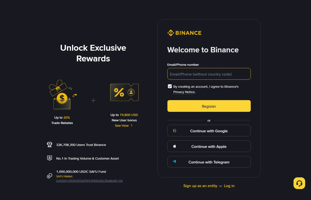 2026-08-09 တွင် BNB608 ဖြင့်ဖွင့်ထားသော Binance official registration page၊ ဘယ်ဘက်တွင် Up to 20% Trade Rebates ဟုဖော်ပြပြီး ညာဘက်တွင် personal data မဖြည့်ရသေးသော registration form ပါရှိသည်