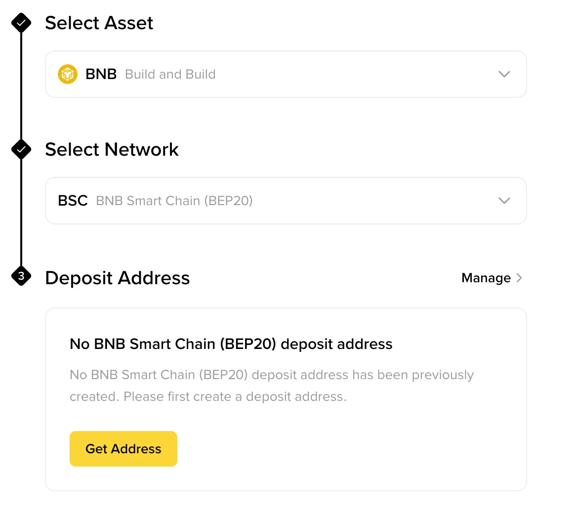 Screenshot yepamutemo yeBinance Academy inoratidza kusarudza BNB, BSC (BEP20) uye deposit address