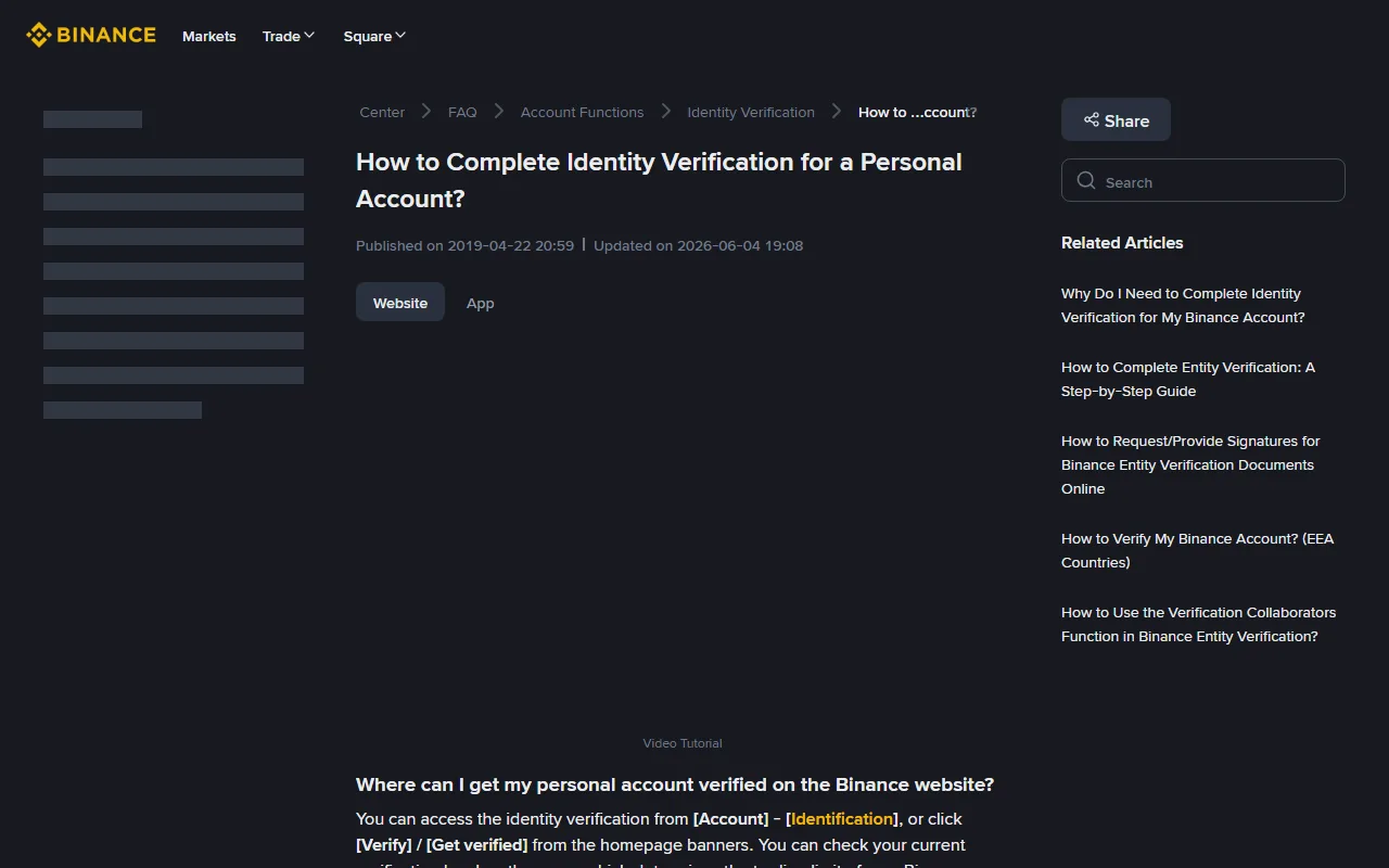 Peji reBinance repamutemo reHow to Complete Identity Verification for a Personal Account, richiratidza Website neApp tabs uye nzira yekuenda kuIdentification
