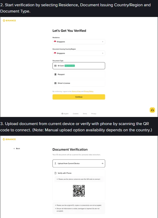 Binance တရားဝင် အကူအညီစာမျက်နှာမှ အဆင့် ၂ နှင့် ၃ — Residence၊ Document Issuing Country/Region၊ Document Type (ID Card, Passport, Driver’s License) ရွေးချယ်ရန် မျက်နှာပြင်နှင့် Document Verification အဆင့်ရှိ Upload from Current Device သို့မဟုတ် Verify with Phone QR code ရွေးချယ်ခွင့်