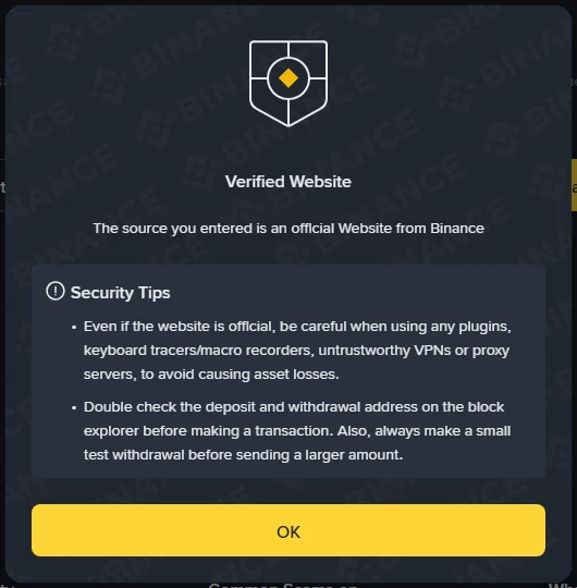 Mhinduro yeBinance Verify inoti "Verified Website" mushure mekutsvaga www.binance.com, pamwe nemazano maviri ezvekuchengetedza