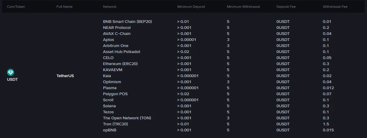 Binance Fee Rate စာမျက်နှာရှိ USDT ၏ network ၁၉ ခုအတွက် Minimum Deposit၊ Minimum Withdrawal၊ Deposit Fee နှင့် Withdrawal Fee ကော်လံများပါသော တရားဝင်ဇယား screenshot