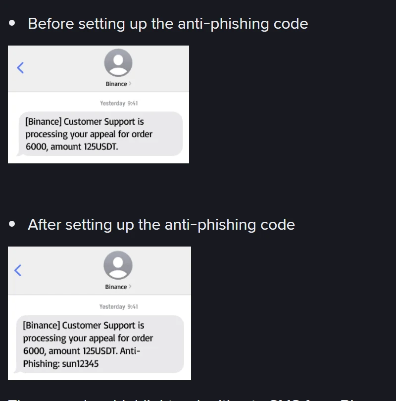 Mifananidzo miviri yepamutemo yeBinance inoratidza SMS isati yagadzirwa anti-phishing code uye mushure mekuigadzira, ine "Anti-Phishing: sun12345" pakupera kwemeseji