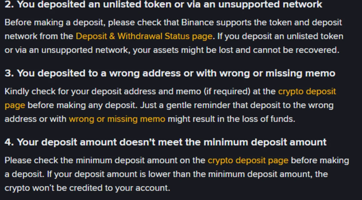Zvikamu 2, 3 ne4 zvepeji repamutemo reBinance rinonzi "Why Hasn't My Deposit Been Credited?": kutumira token isina kunyoreswa kana kushandisa network isingatsigirwi, kutumira kukero isiriyo kana nememo yakakanganiswa kana isipo, uye mari iri pasi peminimum deposit amount